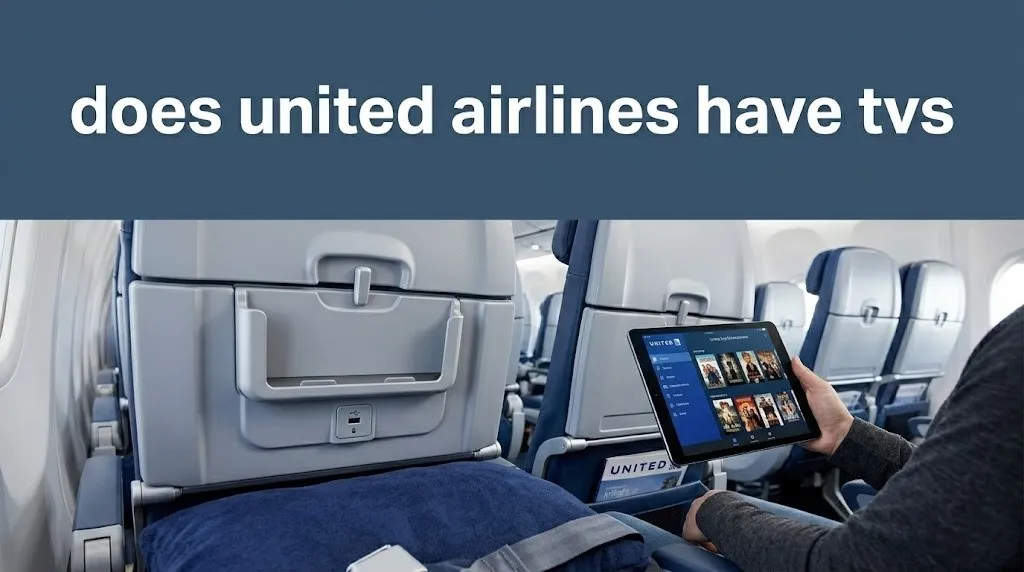 A United Airlines seat with no screen, showing a tablet with the app, and the text does united airlines have tvs as a bold editorial headline.