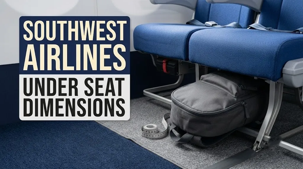 A backpack being placed into the underseat cavity of a Boeing 737-700 seat, illustrating Southwest Airlines.