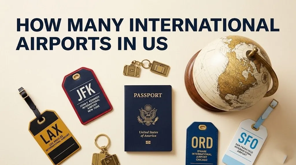 A flat-lay of a US passport and luggage tags with the text how many international airports in us as a bold editorial headline.