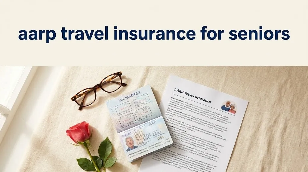 A flat-lay of a passport, glasses, and an AARP travel insurance document with the text aarp travel insurance for seniors as a bold editorial headline.