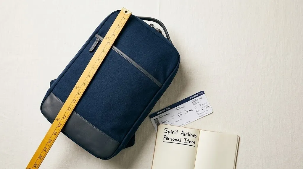 A flat-lay of an underseat backpack, boarding pass, and ruler illustrating spirit airlines personal item dimensions. Under 125 characters.