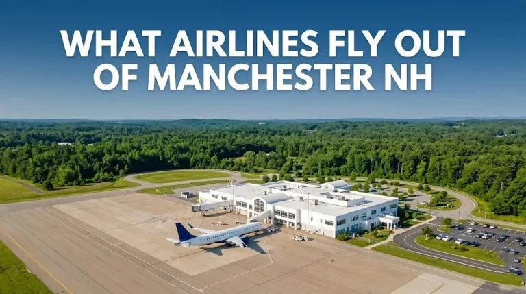 A small airport terminal with a jet and the text what airlines fly out of manchester nh as a bold editorial headline.