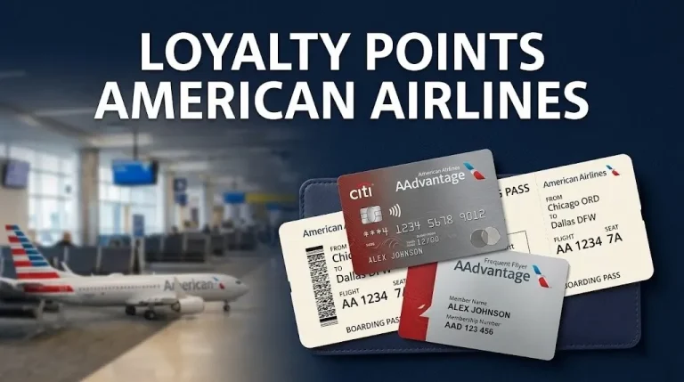 AAdvantage credit card on boarding pass with frequent flyer card and headline Loyalty Points American Airlines text overlay.