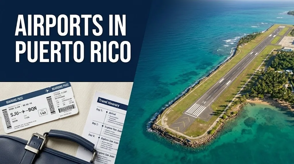  Aerial coastline view near a Puerto Rico airport runway with bold headline text reading Airports in Puerto Rico on navy background