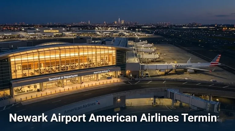 Aerial exterior of Newark Liberty International Airport Terminal A at dusk with American Airlines aircraft at gate for Newark Airport American Airlines Terminal guide.