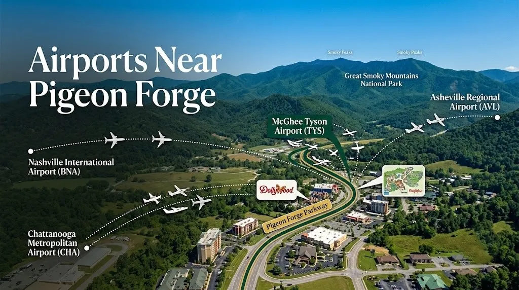 Aerial map of Eastern Tennessee showing four airports with route lines to Pigeon Forge and the Smoky Mountains in the background.