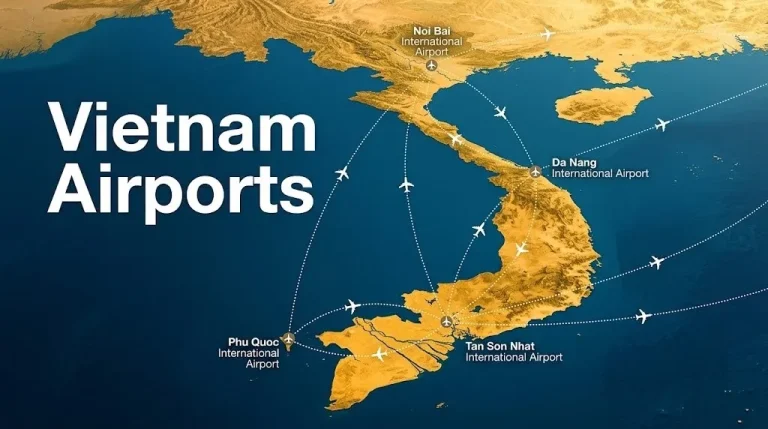 Aerial map of Vietnam with aircraft route lines connecting major airports at Hanoi Ho Chi Minh City Da Nang and Phu Quoc.