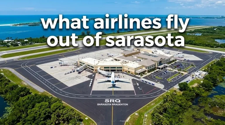 Aerial photo of Sarasota Bradenton International Airport terminal with the headline what airlines fly out of sarasota overlaid.
