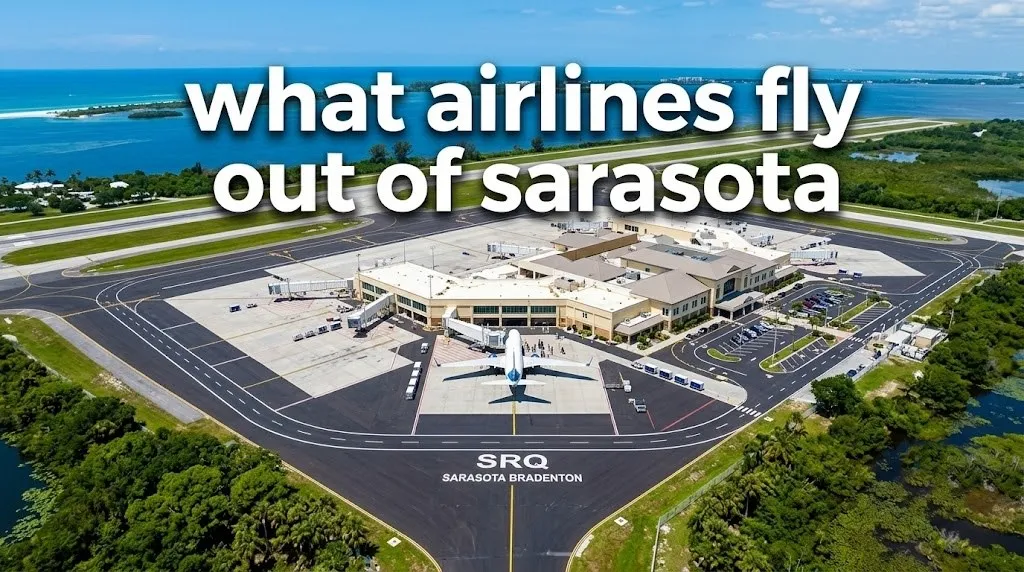 Aerial photo of Sarasota Bradenton International Airport terminal with the headline what airlines fly out of sarasota overlaid.