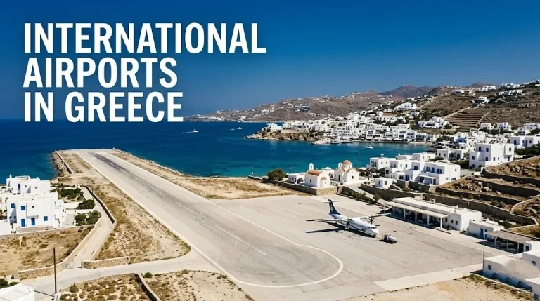 Aerial photo of a Greek island airport with a runway by the sea and the title international airports in greece.