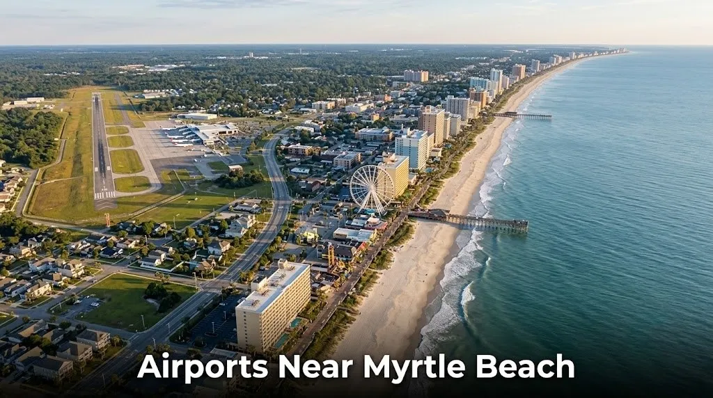 Aerial photograph of Myrtle Beach oceanfront and Myrtle Beach International Airport with text Airports Near Myrtle Beach overlaid in the foreground.