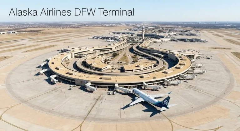 Aerial view of DFW Airport Terminal E with an Alaska Airlines Boeing 737 at the gate and the title Alaska Airlines DFW Terminal.