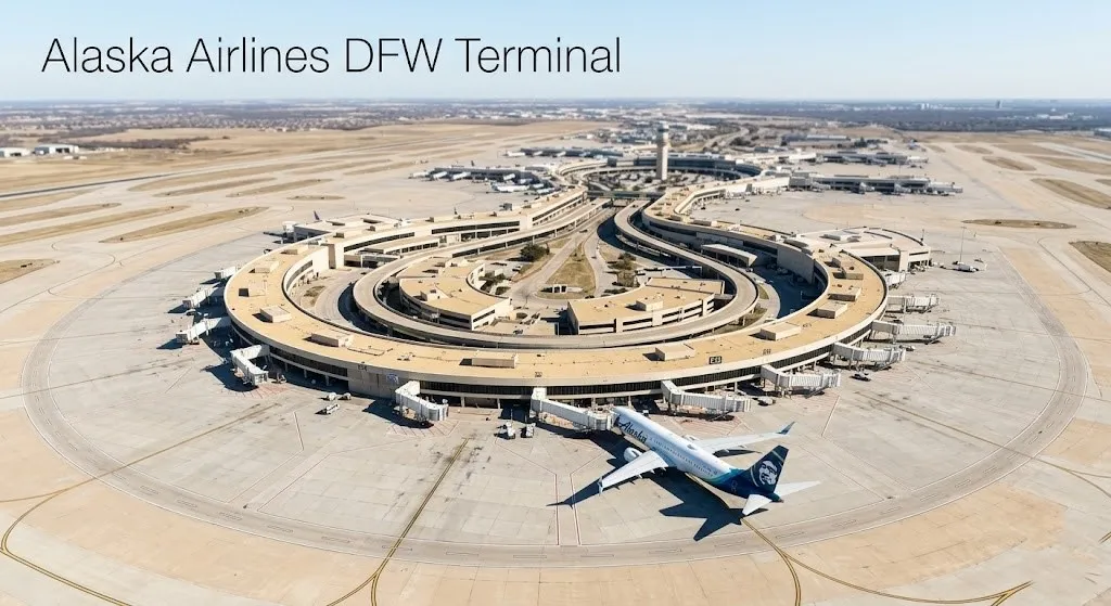 Aerial view of DFW Airport Terminal E with an Alaska Airlines Boeing 737 at the gate and the title Alaska Airlines DFW Terminal.