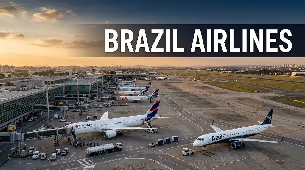 Aerial view of Guarulhos International Airport featuring Brazil Airlines guide text with aircraft on the tarmac at golden hour.
