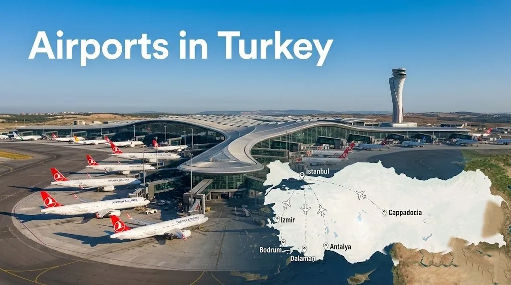 Aerial view of Istanbul Airport terminal with Turkish Airlines aircraft at gates and route lines connecting to major Turkish airports.