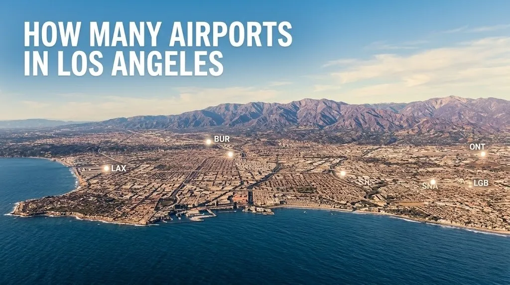 Aerial view of Los Angeles basin showing the five commercial airport locations with the headline How Many Airports in Los Angeles text overlay.
