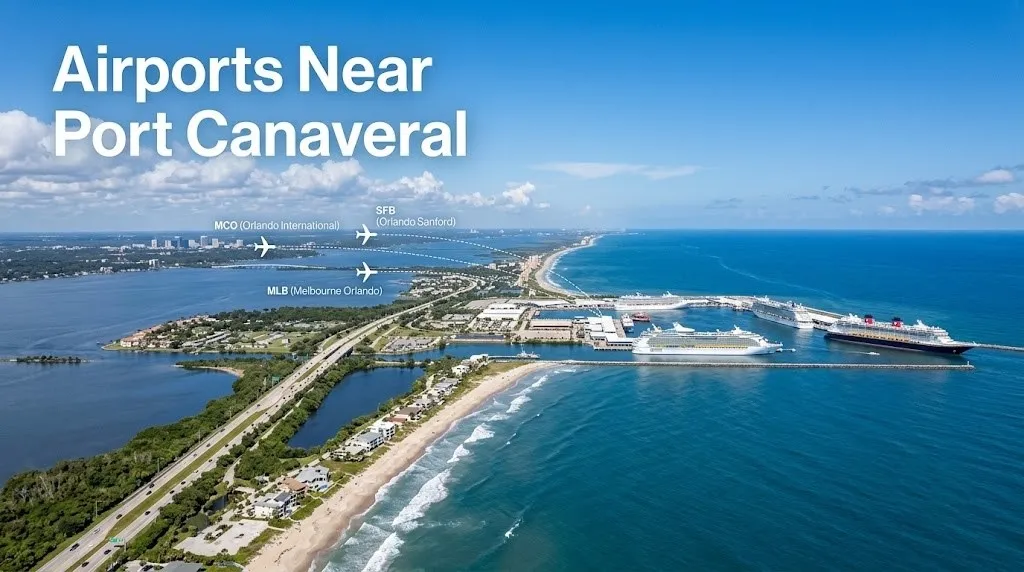 Aerial view of Port Canaveral Florida cruise terminals with cruise ships docked and aircraft icons showing nearby airport locations.