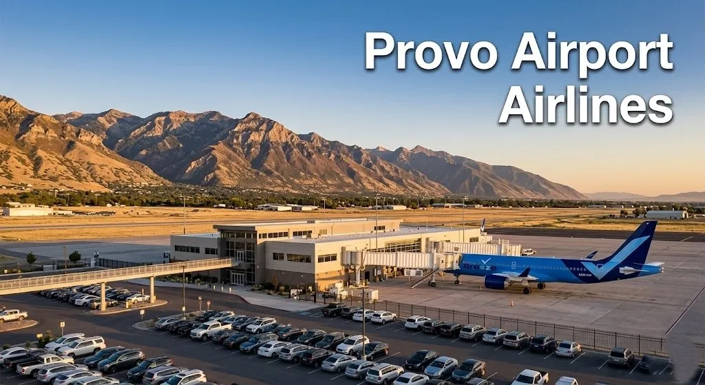 Aerial view of Provo Airport terminal with a Breeze Airways plane and the text Provo Airport Airlines over the Wasatch Mountains.