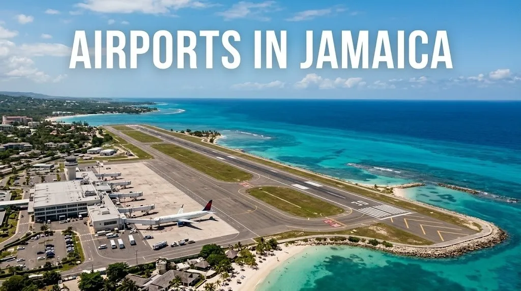 Aerial view of Sangster International Airport in Montego Bay with the runway near the Caribbean Sea, titled Airports in Jamaica.