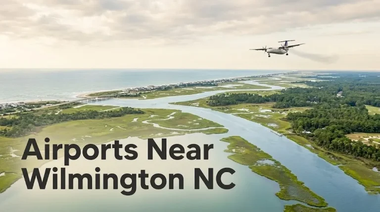 Aerial view of Wilmington NC coast and Wrightsville Beach with a small aircraft approaching, featured in an airports near Wilmington NC guide.