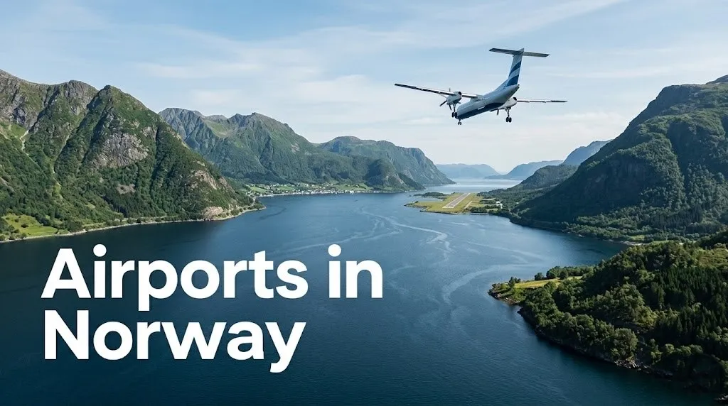 Aerial view of a Norwegian fjord with a small passenger aircraft flying low, featured in a guide to airports in Norway.