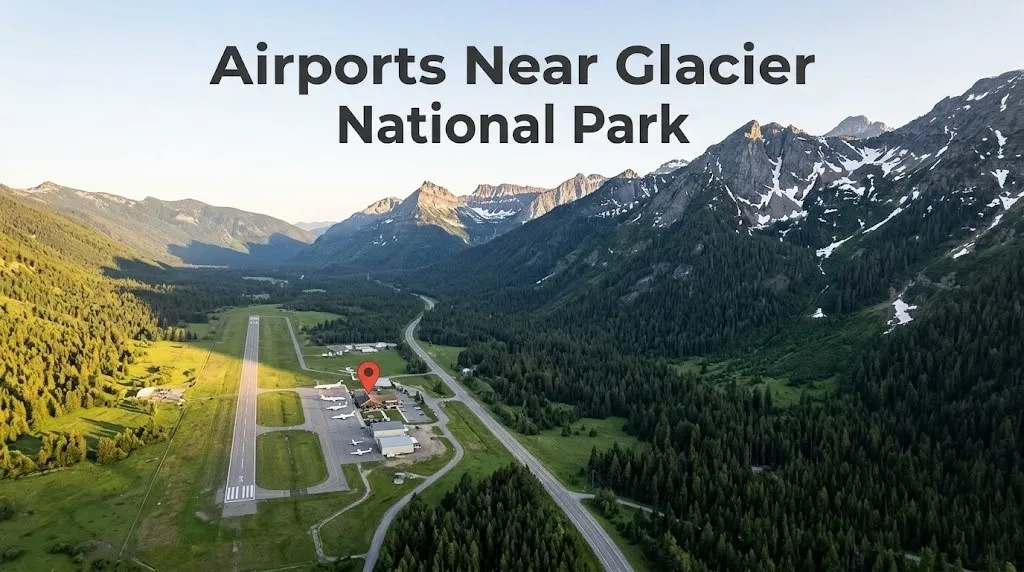 Aerial view of an airport in a valley with mountains behind, titled Airports Near Glacier National Park.