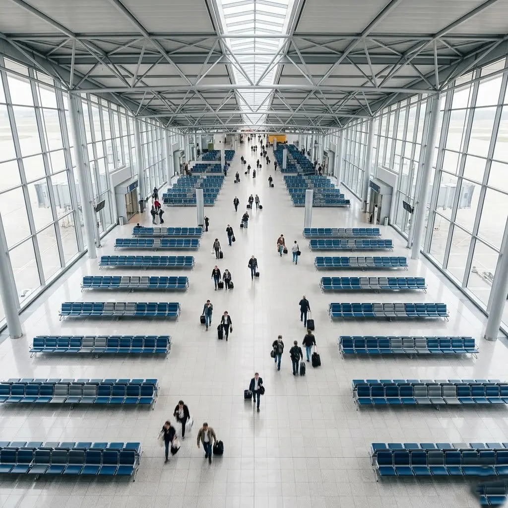 Aerial view of busy airport concourse with gates and terminal corridors from above