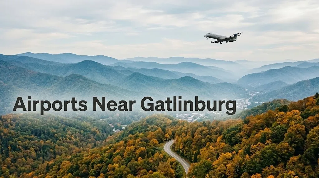 Aerial view of the Great Smoky Mountains with a regional jet descending, featured in an airports near Gatlinburg travel guide.