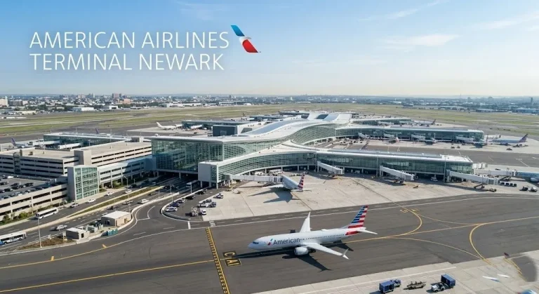 Aerial view of the new Newark Terminal A with an American Airlines plane and the text American Airlines Terminal Newark.