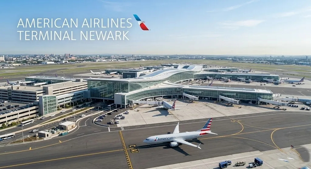 Aerial view of the new Newark Terminal A with an American Airlines plane and the text American Airlines Terminal Newark.