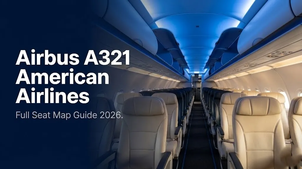 Airbus A321 American Airlines interior cabin aisle with seat map guide 2026 text overlay on navy background