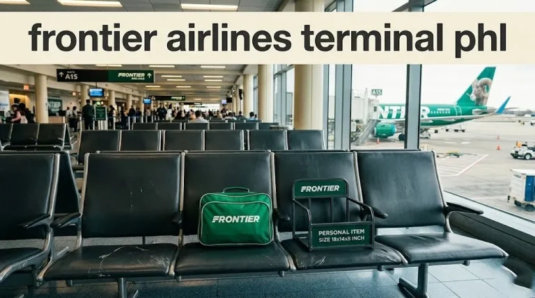 Airport gate seating with a personal item bag and bag sizer. frontier airlines terminal phl title text in the upper area of the image.