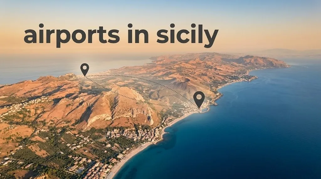 Airports in Sicily aerial coastal view with Catania and Palermo airport location pins marked on the island map with Mediterranean Sea background.