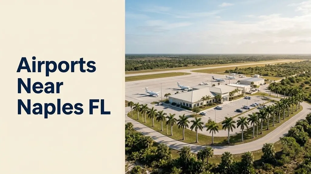 Airports near Naples FL aerial view of Southwest Florida regional airport terminal with palm trees and blue sky