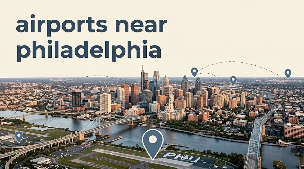 Airports near Philadelphia aerial skyline view with PHL, TTN, EWR, and BWI airport location pins marked and connected by route lines.