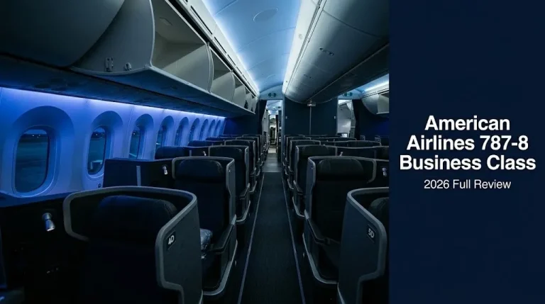 American Airlines 787-8 business class cabin aisle with lie-flat seats and editorial headline text overlay, 2026 review
