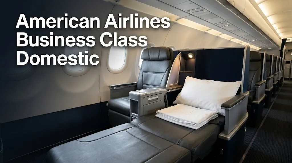  American Airlines A321T domestic first class cabin with lie-flat seat in configuration, white bedding for a domestic business class review article.