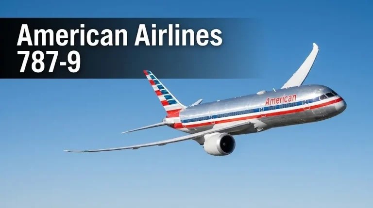 American Airlines Boeing 787-9 Dreamliner in flight with American Airlines 787-9 headline for aircraft review guide.