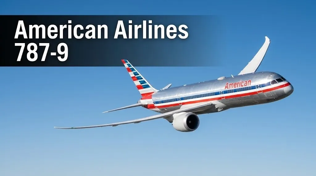  American Airlines Boeing 787-9 Dreamliner in flight with American Airlines 787-9 headline for aircraft review guide.