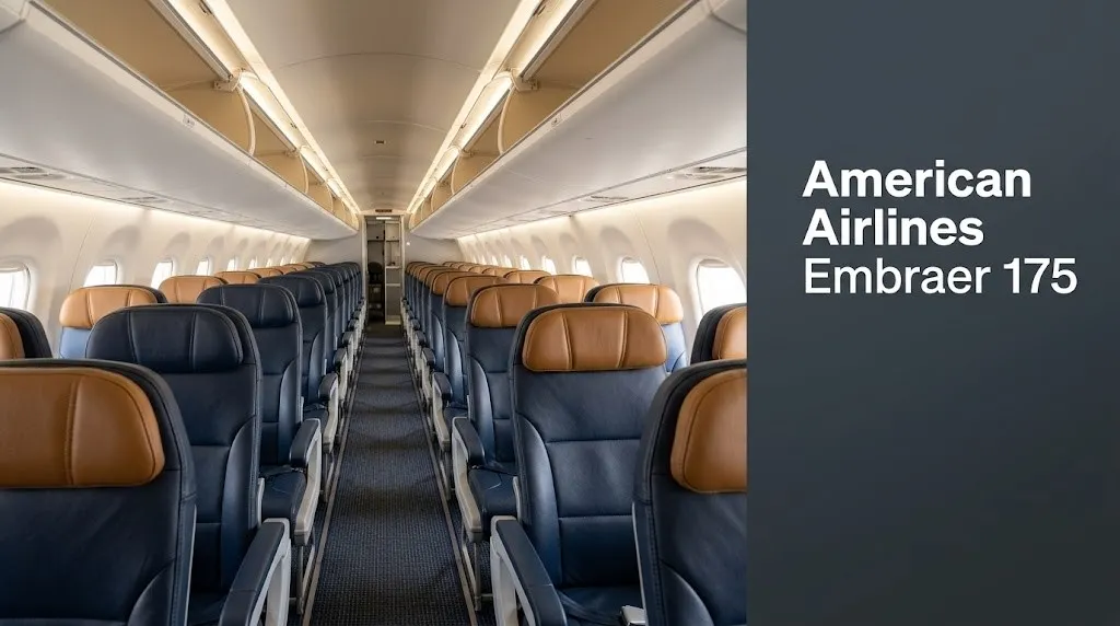American Airlines Embraer 175 first class cabin interior showing 1-2 seat configuration with navy leather seats and tan headrests on American Eagle regional jet.