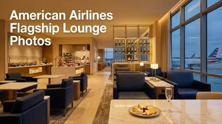 American Airlines Flagship Lounge interior with champagne bar dining buffet and tarmac views through floor-to-ceiling windows.