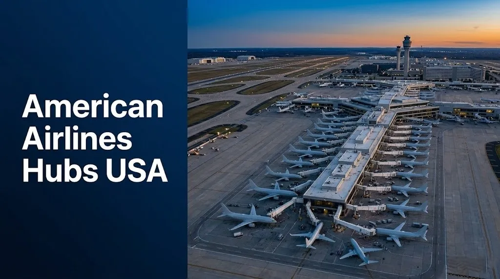 American Airlines hubs USA hero banner showing aircraft at a major hub airport terminal at dusk