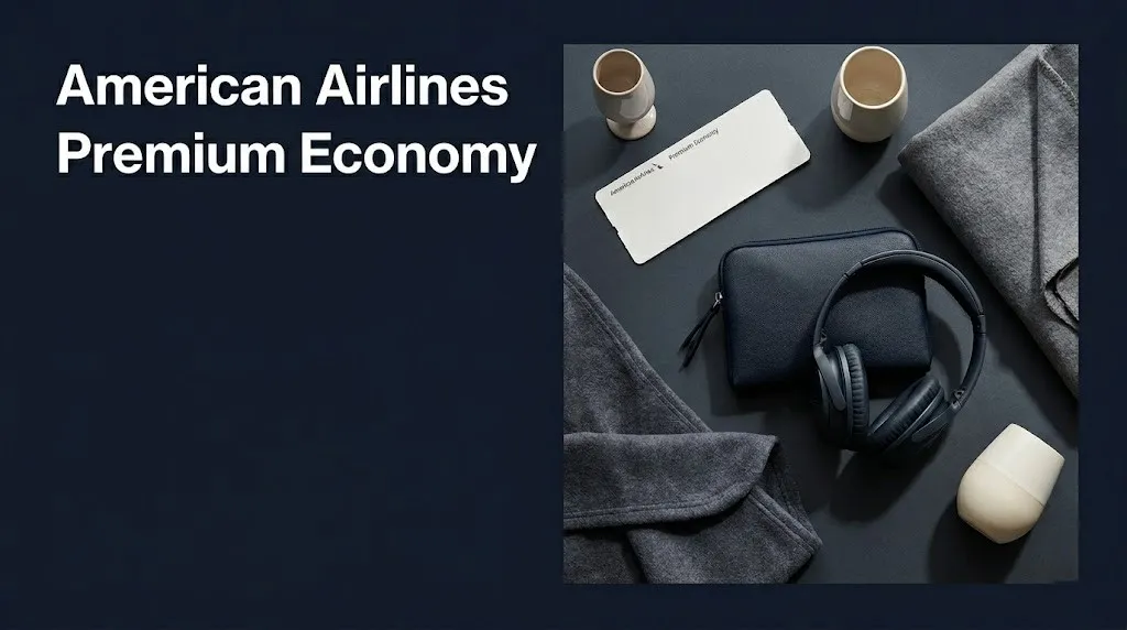 American Airlines premium economy seat amenity kit boarding pass flat-lay hero banner review 2026