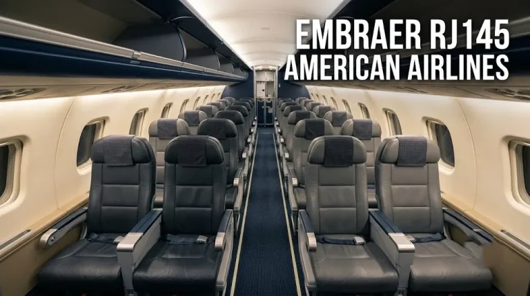 American Eagle Embraer ERJ-145 cabin interior showing the 1-2 seating configuration with single seats on the left side