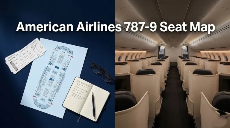 American airlines 787-9 seat map guide showing boarding pass flat-lay and Flagship Business cabin aisle, 2026 review banner