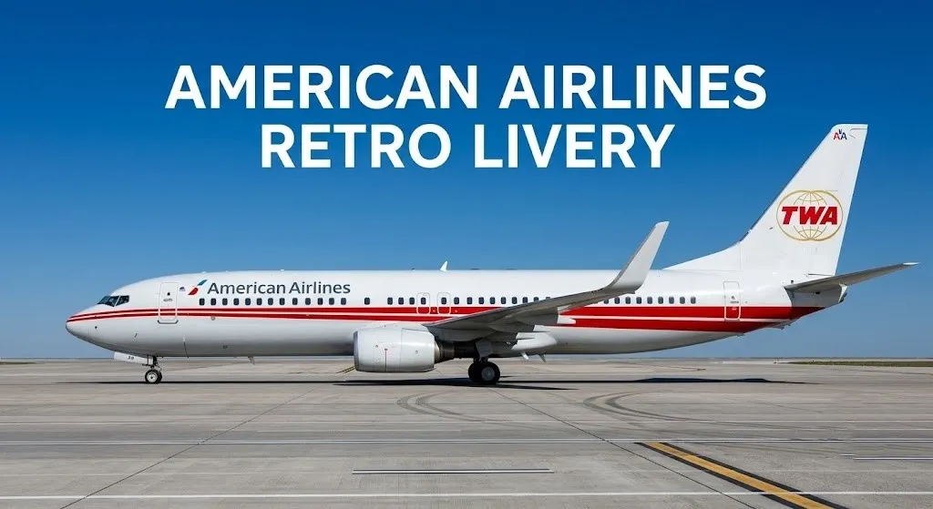 An American Airlines Boeing 737 in the TWA retro livery taxiing on a sunny tarmac with a blue sky behind it.