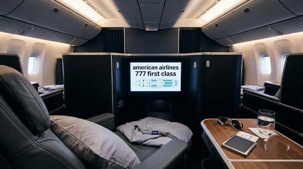 An editorial photo of an empty American Airlines 777 first class cabin with the headline american airlines 777 first class.