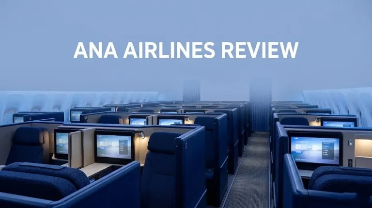 An empty ANA The Room business class cabin with navy suites and the text ana airlines review as a bold editorial headline.