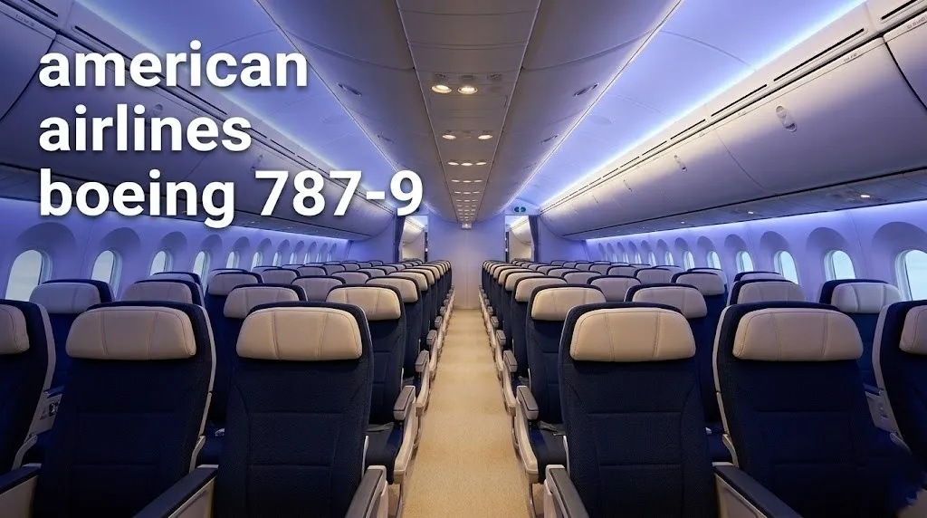  An empty American Airlines Boeing 787-9 premium economy cabin with blue ambient lighting and modern editorial composition.