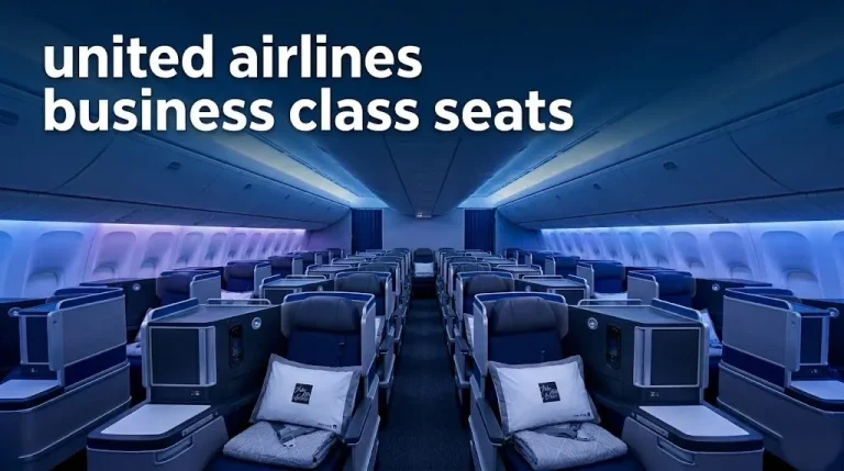 An empty United Airlines Polaris cabin with blue lighting and the text "united airlines business class seats" as a bold editorial headline.